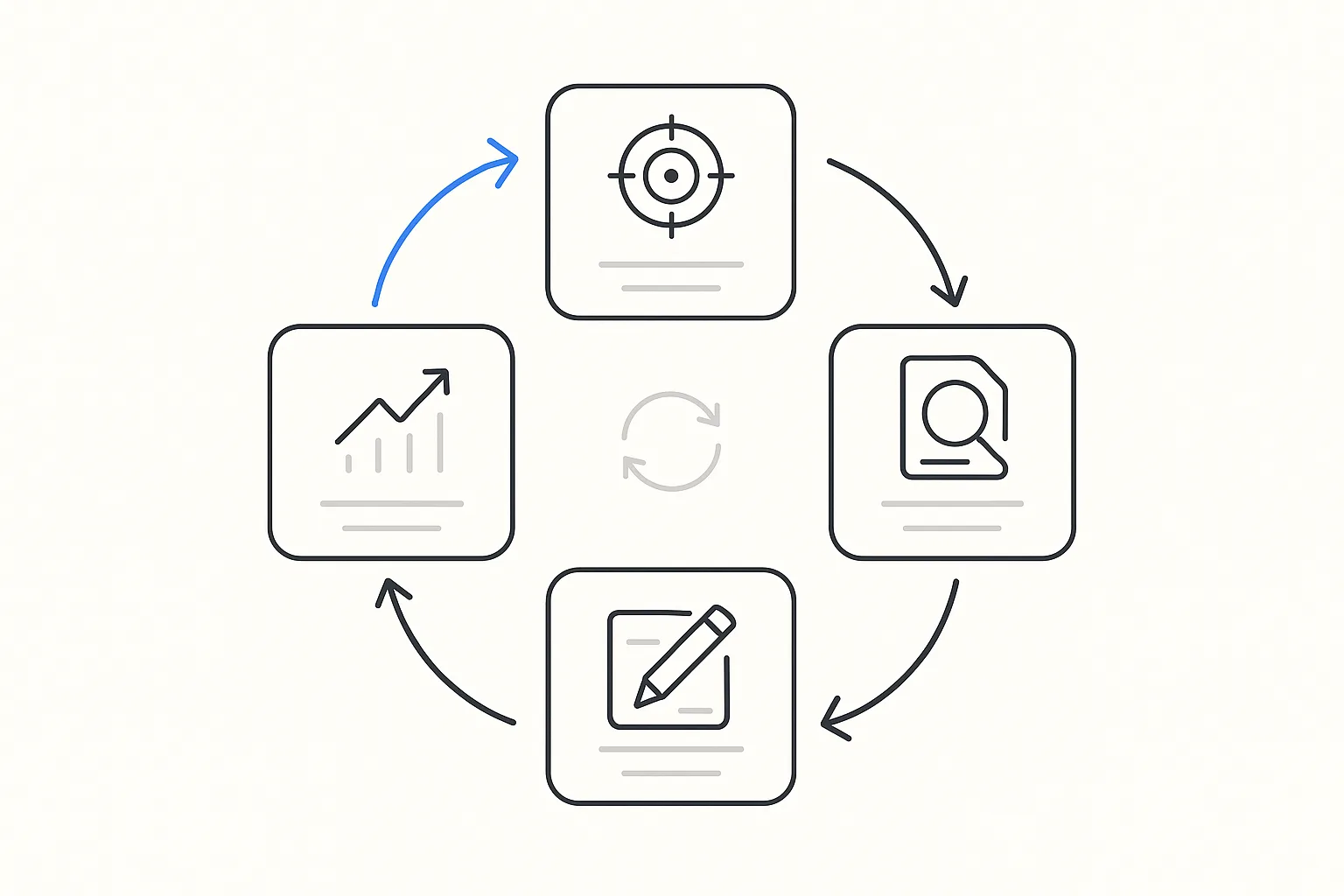 Circular diagram of the four-week LLM SEO loop: baseline the prompt set, audit machine access and entity signals, publish against the gaps, then re-measure and repeat.