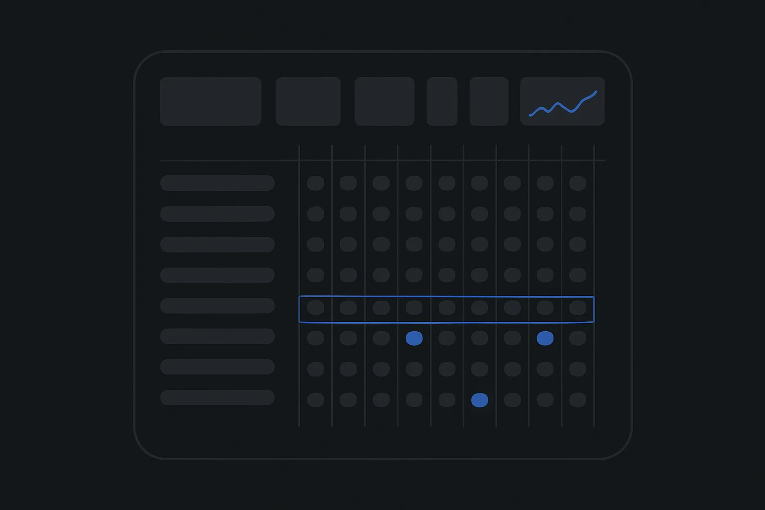 Stylized mockup of the AEO Mantis monitoring dashboard: rows of tracked prompts against eight AI platform columns, with cited results lit blue and one prompt row highlighted, above a stat strip with a rising trend sparkline.