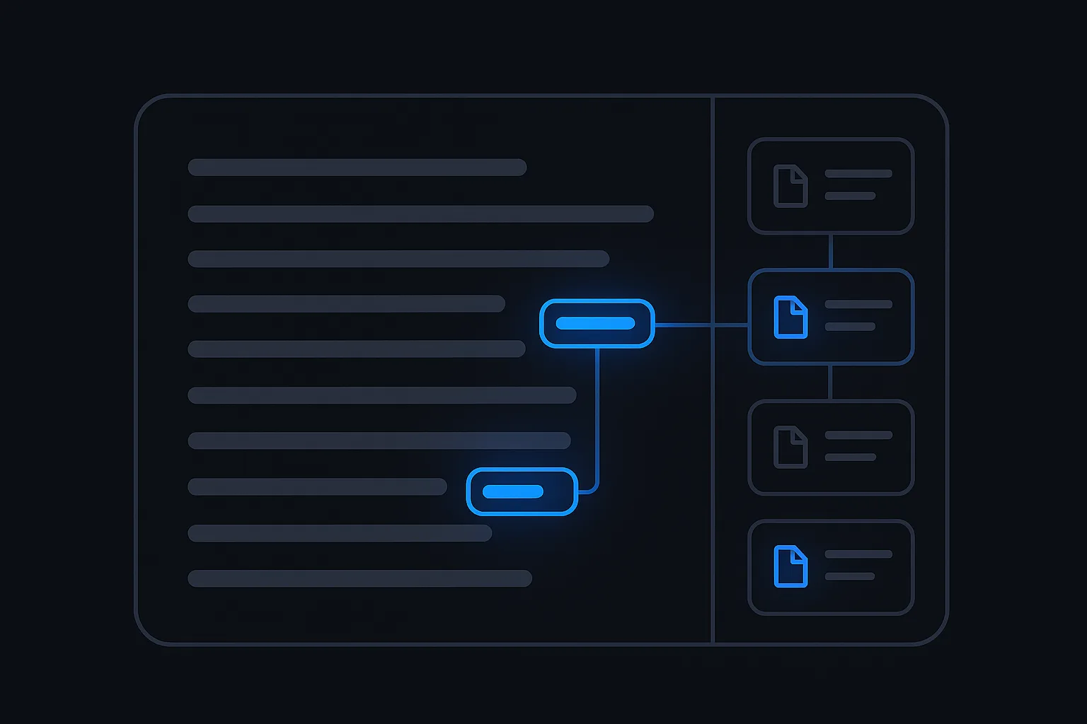 Stylized mockup of the content generation editor: a document with skeleton paragraphs and blue citation chips anchored to sentences, linked to a column of source cards on the right.