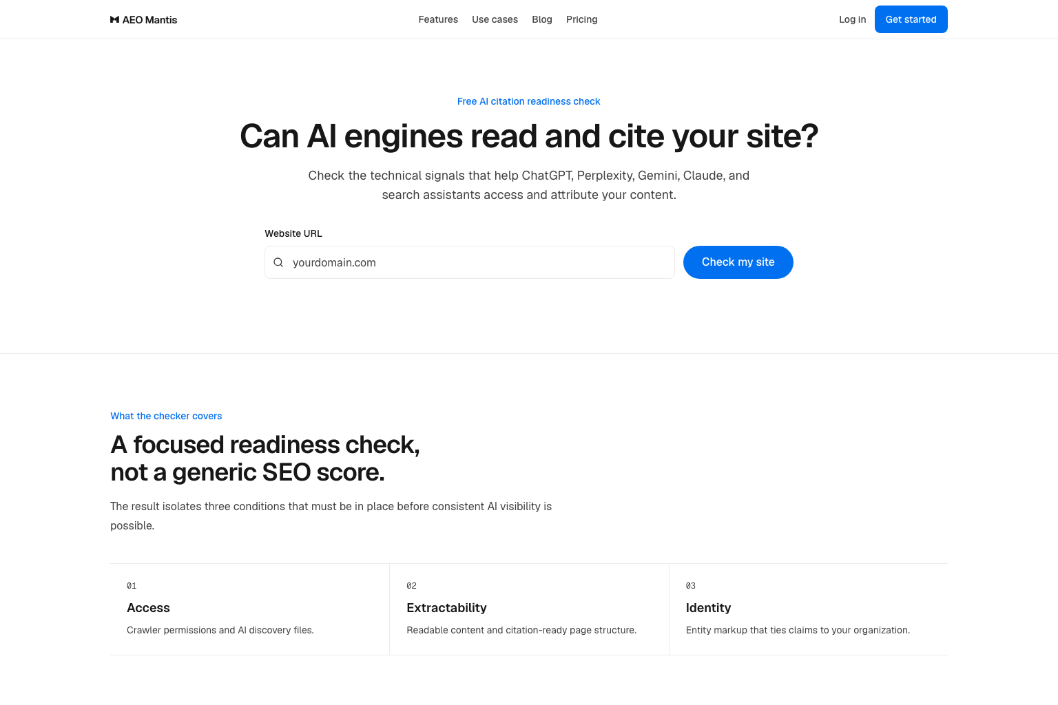 AEO MantisのAI検索での可視性チェッカー画面。WebサイトのURL入力欄と、「アクセス」「抽出性」「アイデンティティ」の3つの監査項目を表示